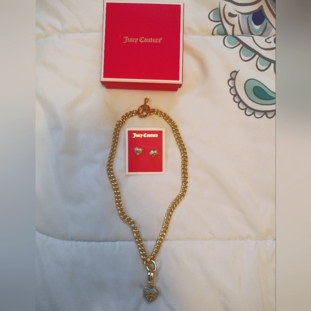 RARE Juicy Couture Gold Pave Heart Earrings & Necklace ✨ Pristine Condition ✨